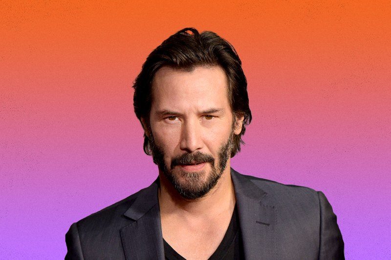 Keanu Reeves over an orange and purple gradient background