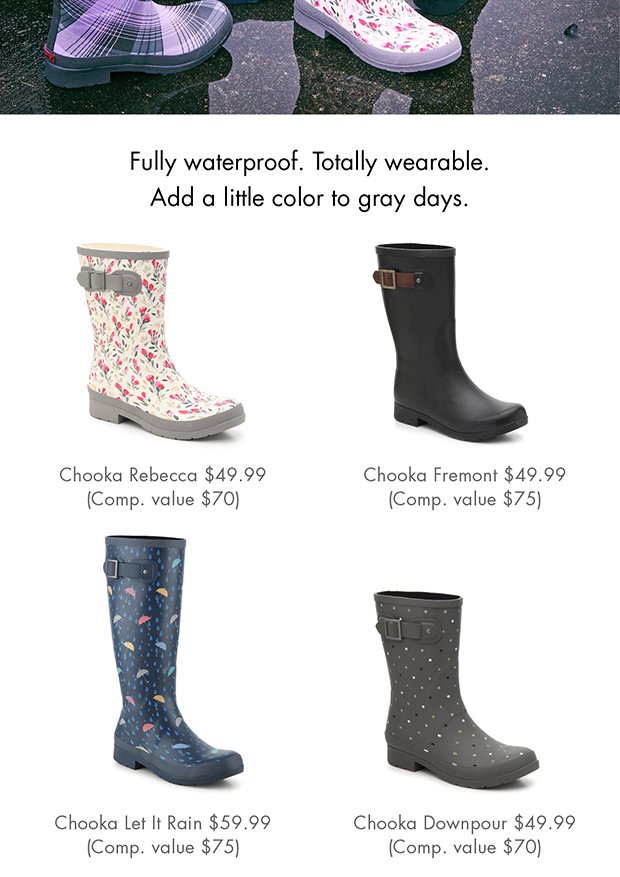 FULLY WATERPROOF. TOTALLY WEARABLE. ADD A LITTLE COLOR TO GRAY DAYS.