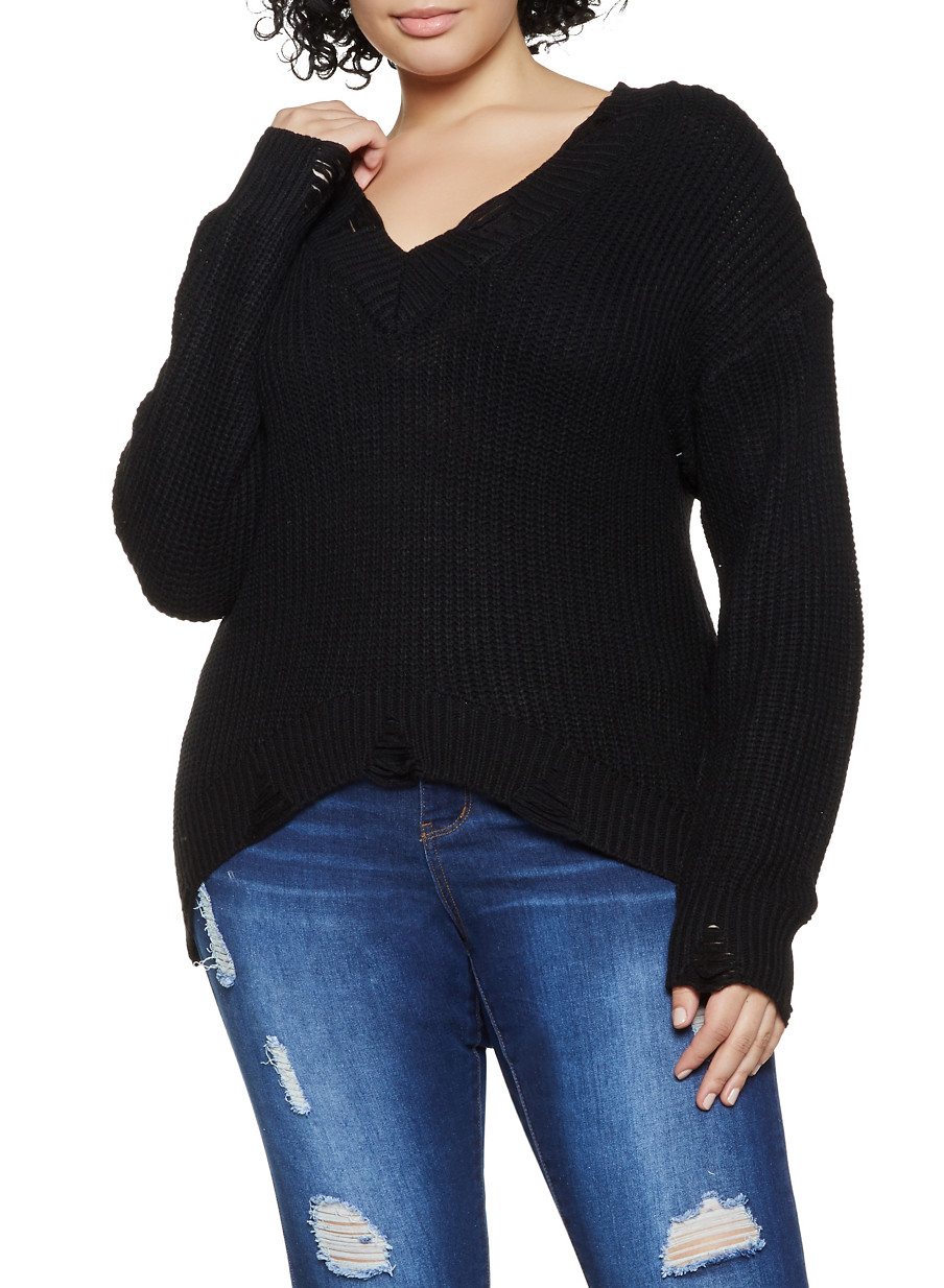 Plus Size Distressed Detail Long Sleeve Sweater