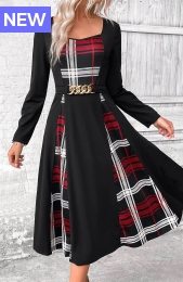 Black Patchwork Plaid Belted Long Sleeve Square Neck Dress