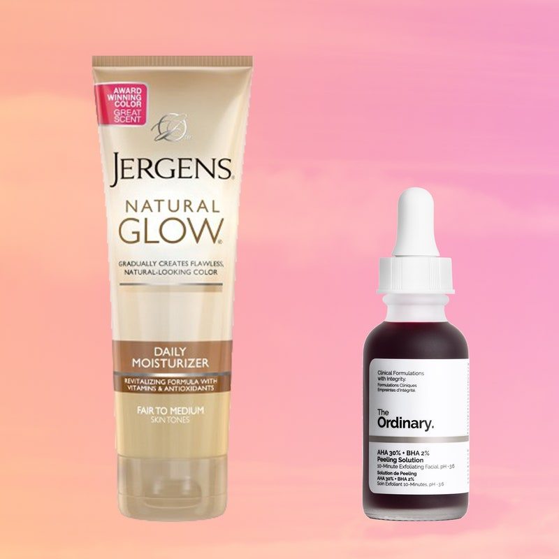 A collaged image of three Allure Readers' Choice 2021 winners under $10: Jergens Natural Glow, The Ordinary HA 30% + BHA 2% Peeling Solution, and NYX Professional Makeup Epic Ink Liner on a gradient orange/pink/purple background with the Readers' Choice Award winner seal in the top right corner