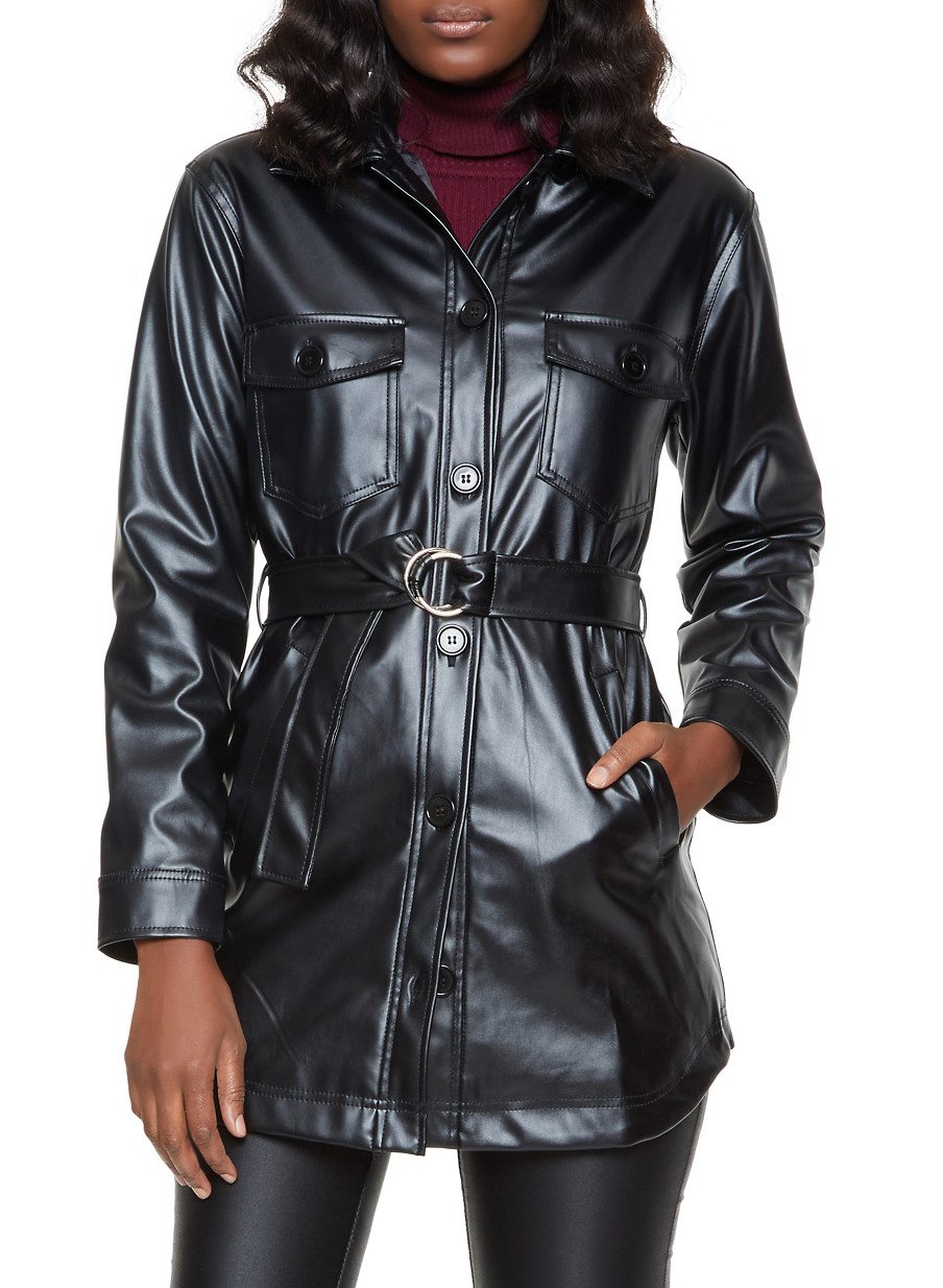 Belted Faux Leather Button Front Jacket