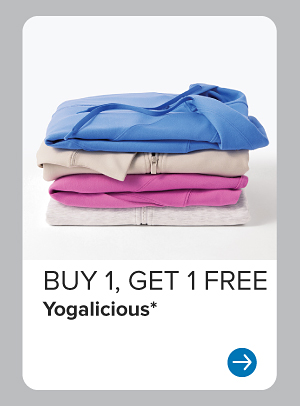 A stack of folded activewear. Buy one, get one free Yogalicious.