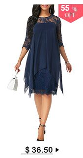 Three Quarter Sleeve Chiffon Overlay Navy Lace Dress