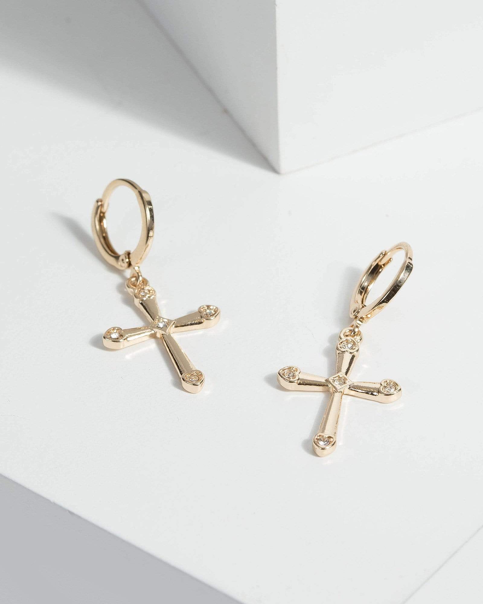 Image of Gold Cross Drop Huggie Hoop Earrings