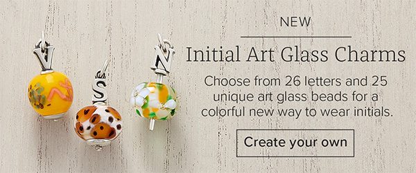 NEW Initial Art Glass Charms - Choose from 26 letters and 25 unique art glass beads for a colorful new way to wear initials. Create your own