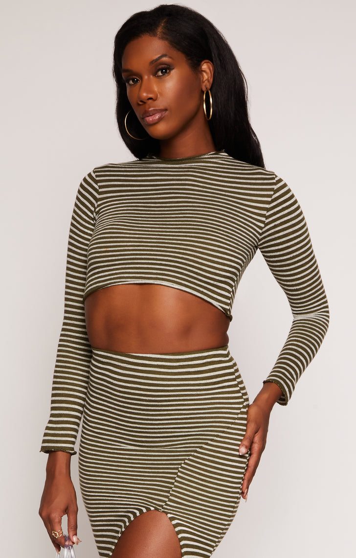 Striped Rib Knit Lettuce Edge Crop Top