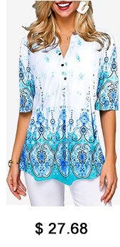 Tribal Print Split Neck Button Front Blouse