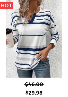 White Patchwork Striped Long Sleeve Split Neck T Shirt