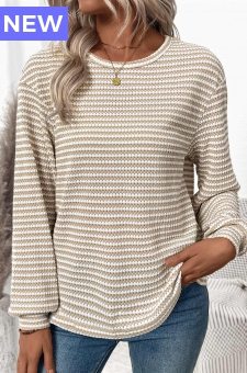 Light Coffee Jacquard Long Sleeve Round Neck T Shirt