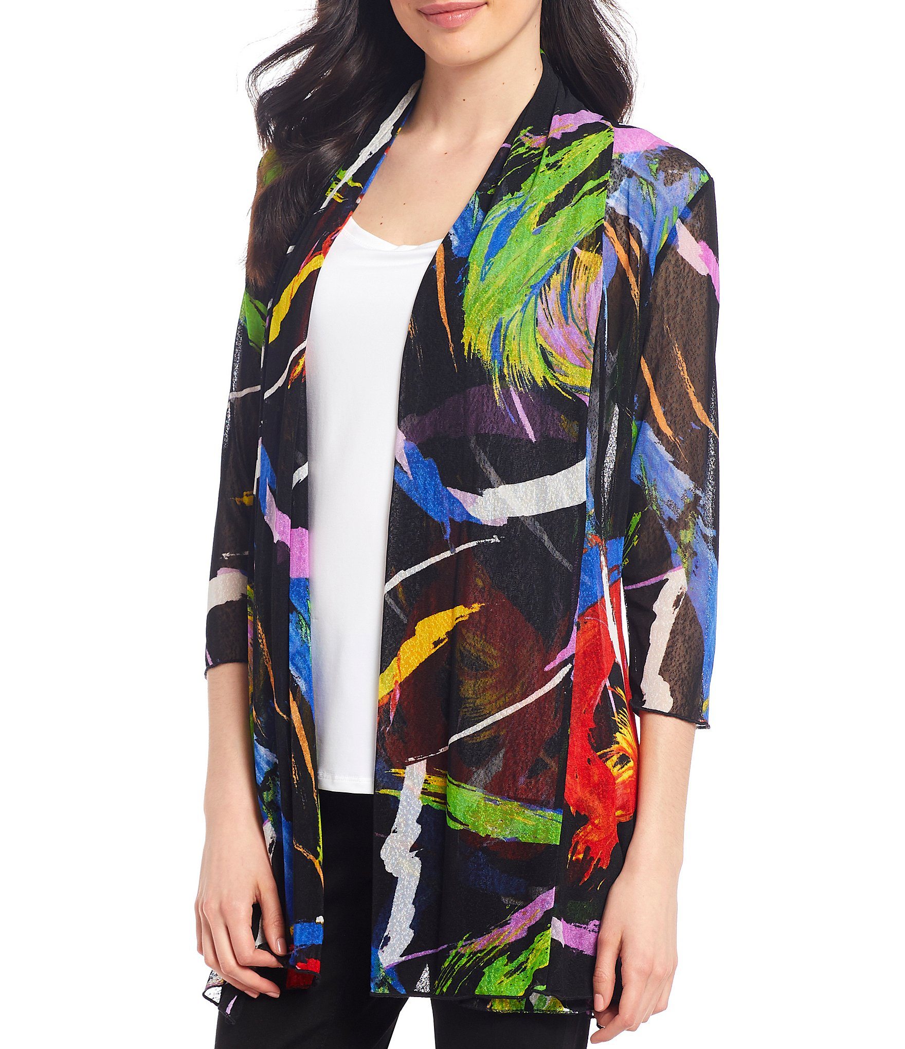 Ali Miles 34 Sleeve Abstract Print Onion Skin Open Front Jacket