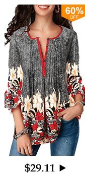 Button Up Pleated Printed Three Quarter Sleeve Blouse