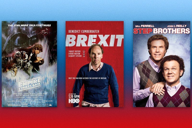 Movie posters for The Empire Strikes Back, Brexit, and Step Brothers on a blue and red background