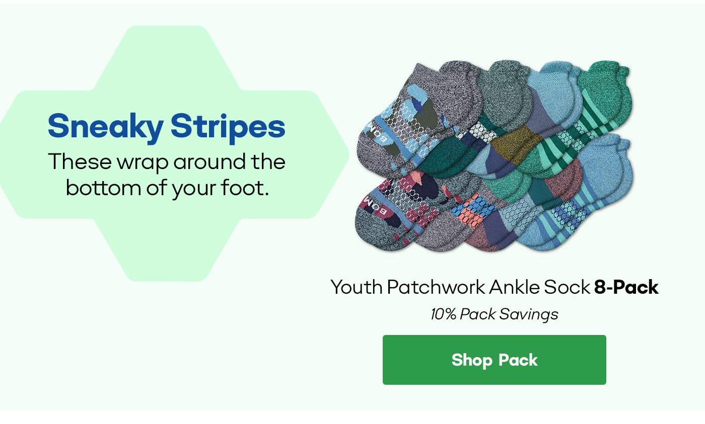 Sneaky Stripes: These wrap around the bottom of your foot. | Youth Patchwork Ankle Sock 8-Pack | 10% Pack Savings [Shop Pack]