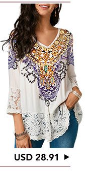 Lace Patchwork Three Quarter Sleeve White Blouse 