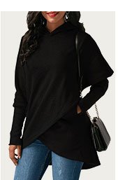 Black Asymmetric Hem Long Sleeve Pocket Hoodie