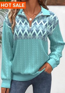 ROTITA Zipper Geometric Print Mint Green V Neck Sweatshirt