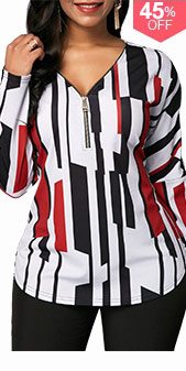 V Neck Long Sleeve Striped Blouse