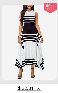 Stripe Print Asymmetric Hem Sleeveless Midi Dress