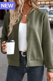 Olive Green Jacquard Long Sleeve Stand Collar Jacket