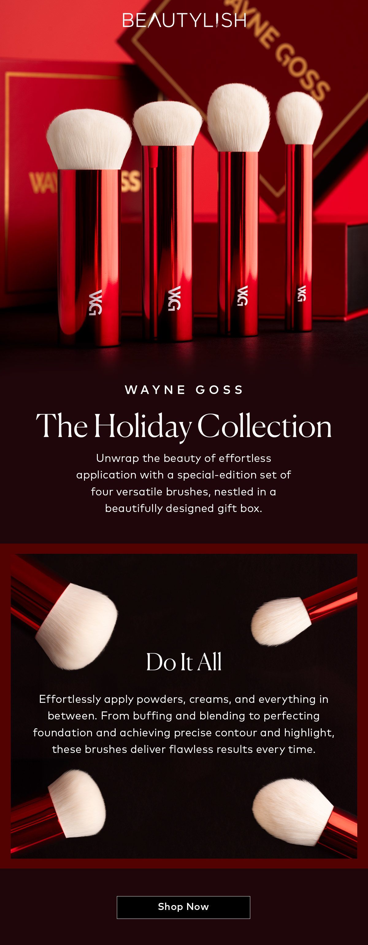 Unwrap the beauty of effortless application with a special-edition set of four versatile brushes, nestled in a beautifully designed gift box. Shop the Wayne Goss Holiday Collection on Beautylish.com