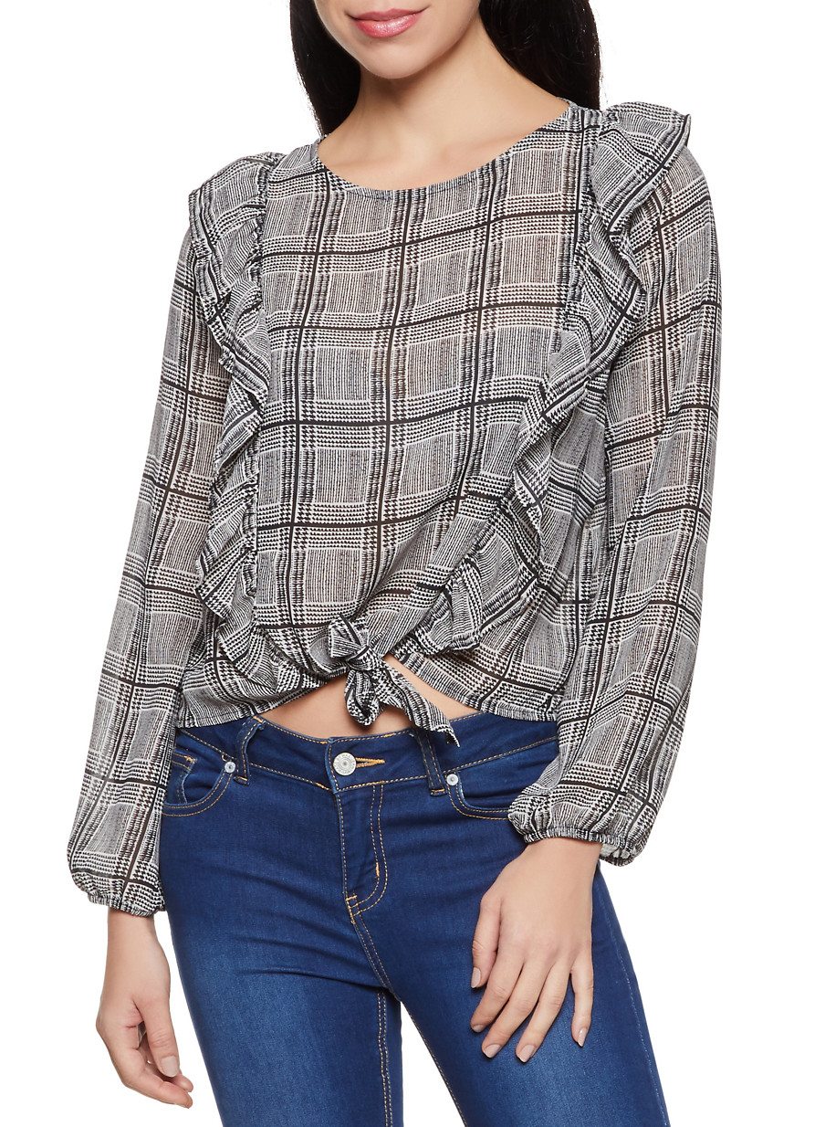 Plaid Ruffled Tie Front Blouse