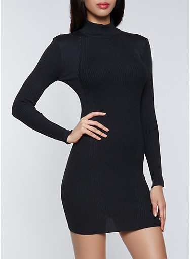 Mock Neck Ribbed Knit Sweater Dress