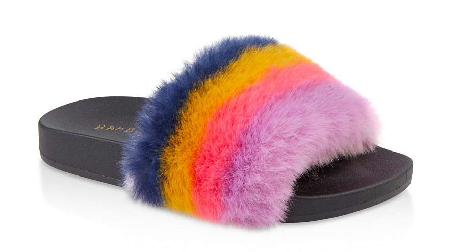 Striped One Band Faux Fur Pool Slides