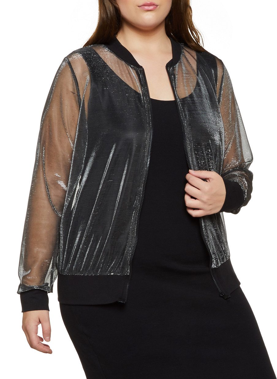 Plus Size Lurex Mesh Bomber Jacket