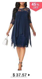 Three Quarter Sleeve Chiffon Overlay Navy Lace Dress