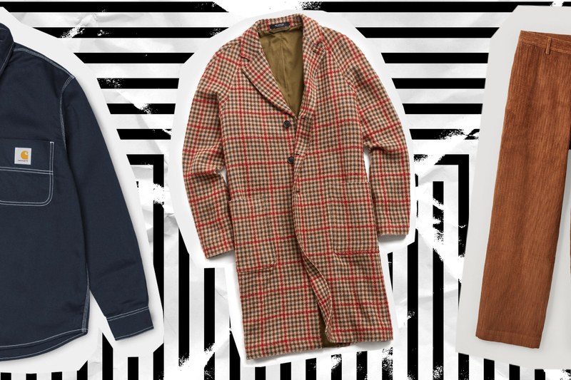 A chore coat, a wool top coat, and some corduroy pants
