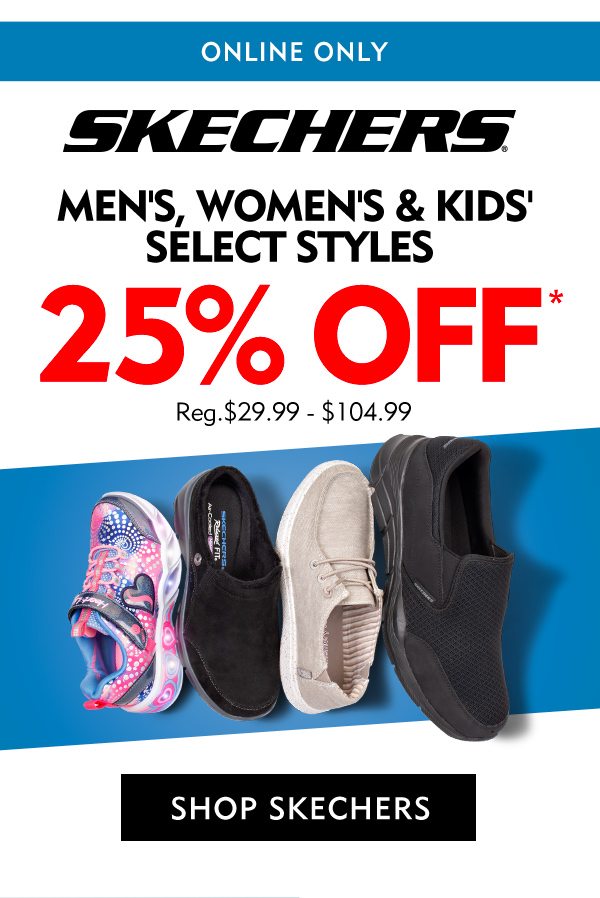 Online only, Skechers Men’s, women’s, and kids’ select styles 25% off, reg. $29.99-$104.99. Shop Skechers.