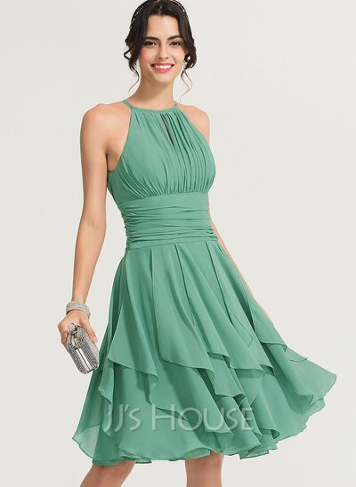 A-Line Scoop Neck Knee-Length Chiffon Cocktail Dress With Ru...