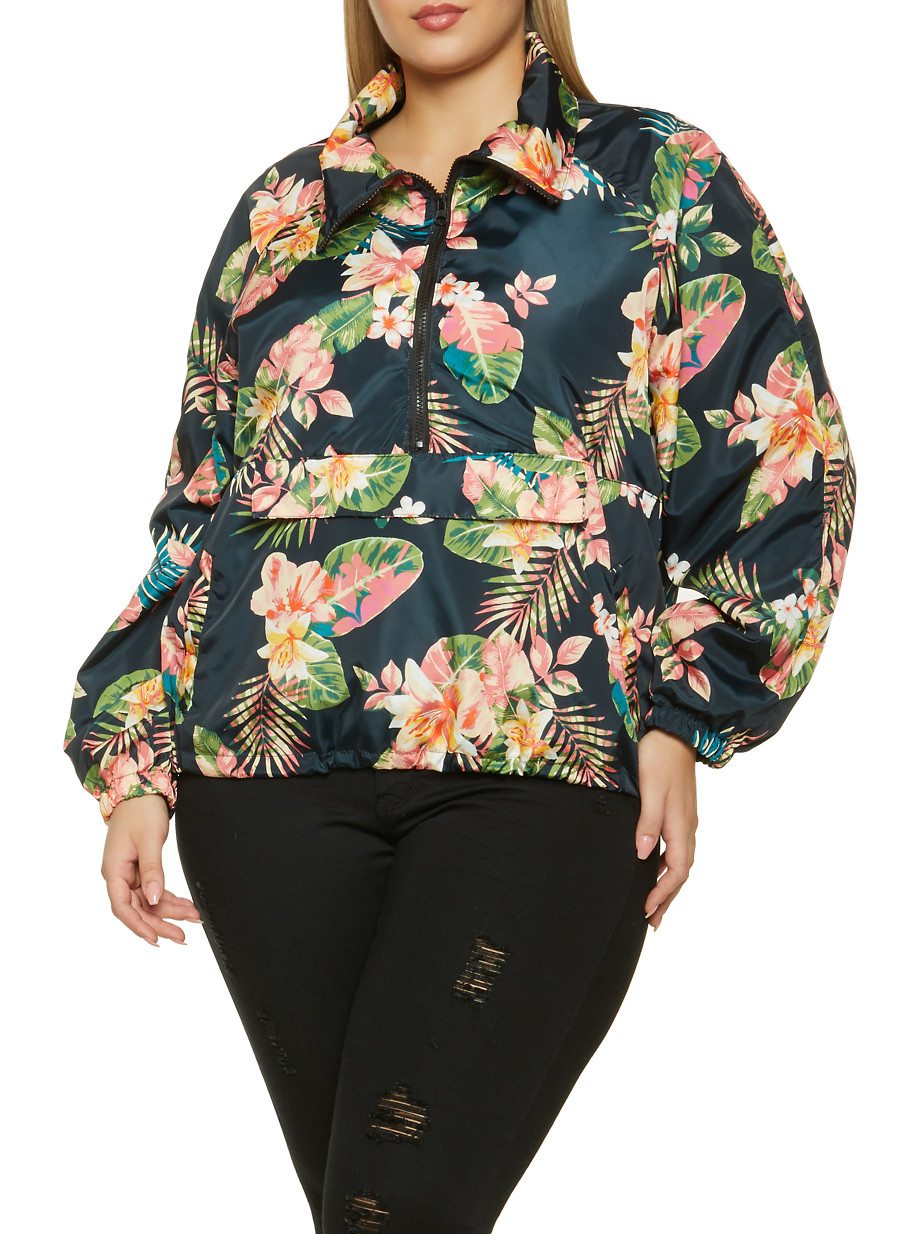 Plus Size Half Zip Printed Windbreaker