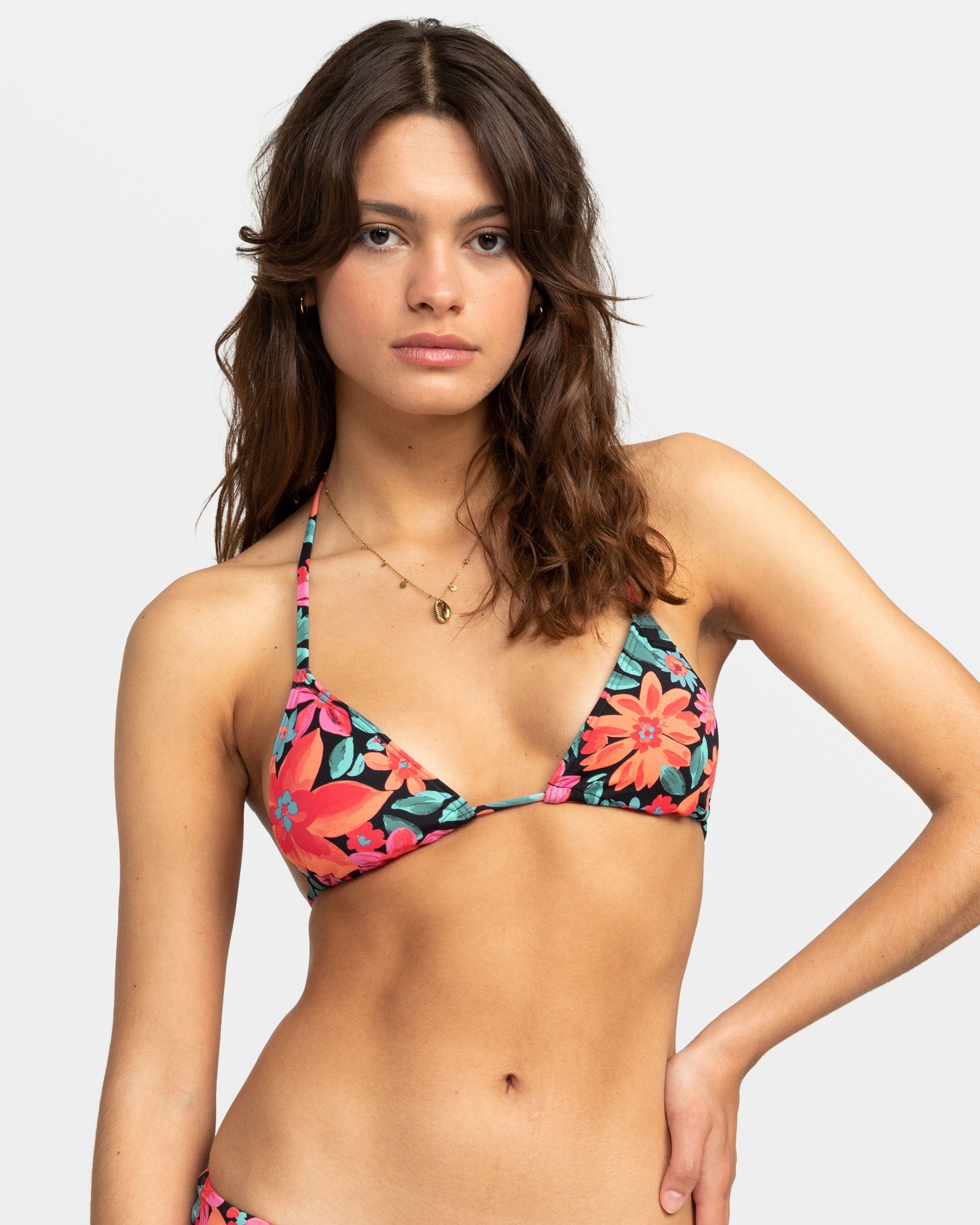 Image of Printed Beach Classics Slide Triangle Bikini Top - Anthracite Floral Fiesta