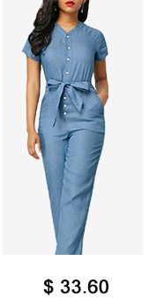 Belted V Neck Button Up Blue Jumpsuit