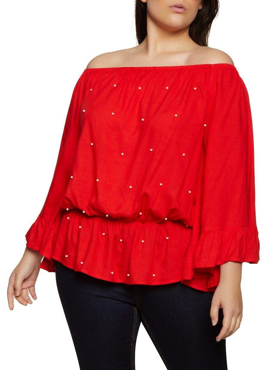 Plus Size Faux Pearl Off the Shoulder Top