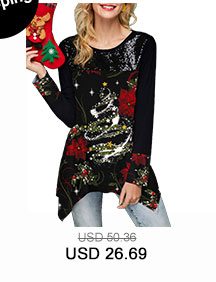 Christmas Print Asymmetric Hem Black T Shirt