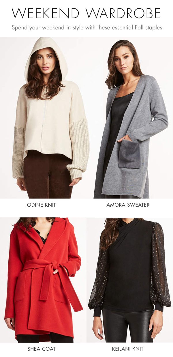 Weekend Wardrobe - Spend your weekend in style with these essential Fall staples - Odine Knit - Amora Sweater - Shea Coat - Keilani Knit