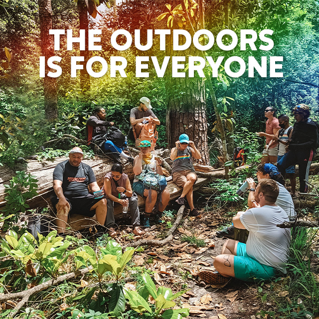 A group of hikers with a rainbow overlay and headline OUTDOORS IS FOR EVERYONE