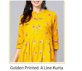 Golden Printed Cotton A Line Kurta in Yellow