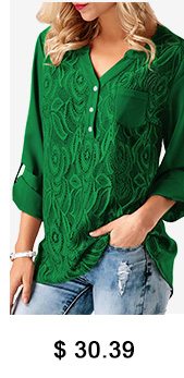 Green Roll Tab Sleeve Lace Panel Blouse