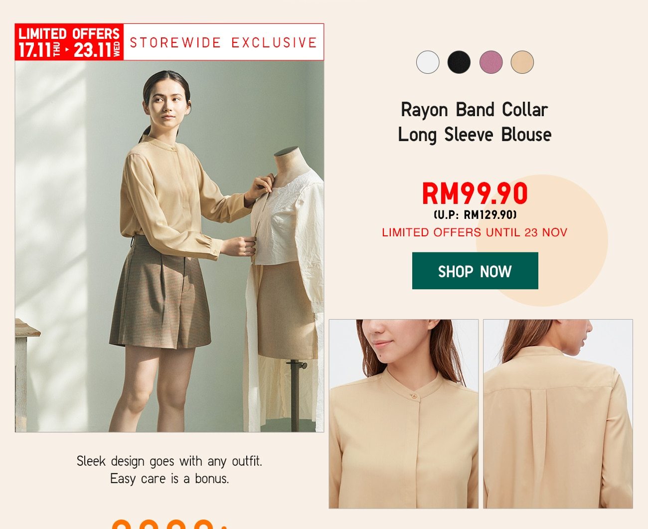 Rayon Band Collar Long Sleeve Blouse