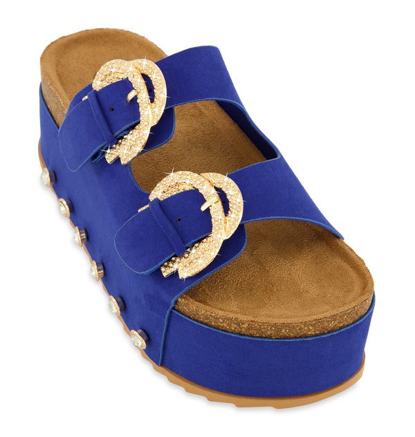 Faux Suede Rhinestone Buckle Platform Footbed Sandals