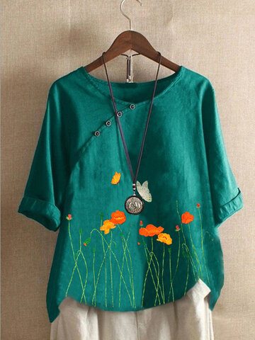 Flower Embroidery O-neck Blouse