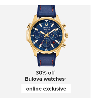 Navy blue watch with gold hardware. Online exclusive. 30% off Bulova watches.