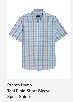 Pronto Uomo Teal Plaid Modern Fit Short Sleeve Sport Shirt>