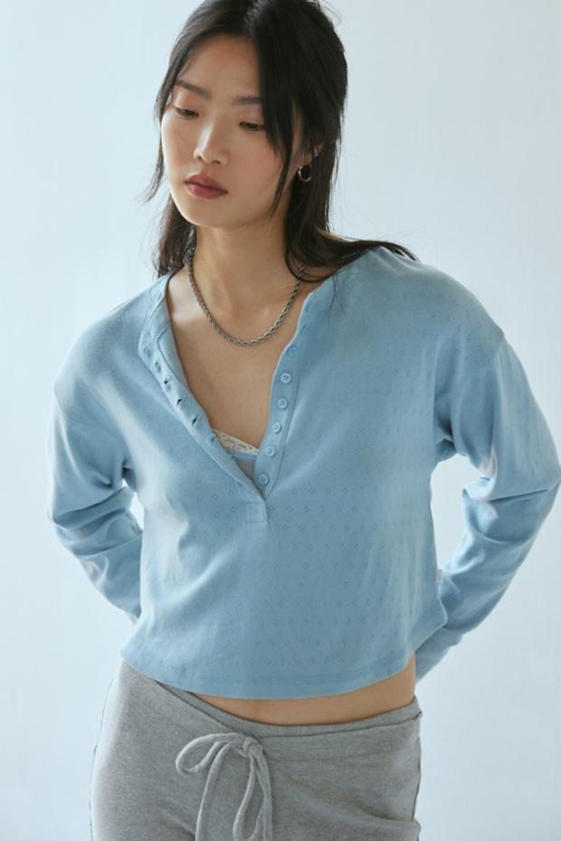 Out From Under Luise Pointelle Knit Long Sleeve Henley Top