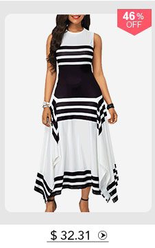 Stripe Print Asymmetric Hem Sleeveless Midi Dress