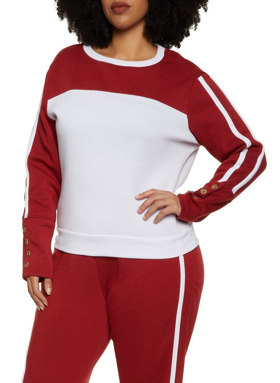 Plus Size Color Block Button Detail Sweatshirt